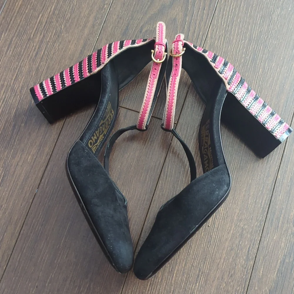 Salvatore Ferragamo Black/Pink Suede And Leather Fergie T-Strap Pumps - Picture 7 of 13